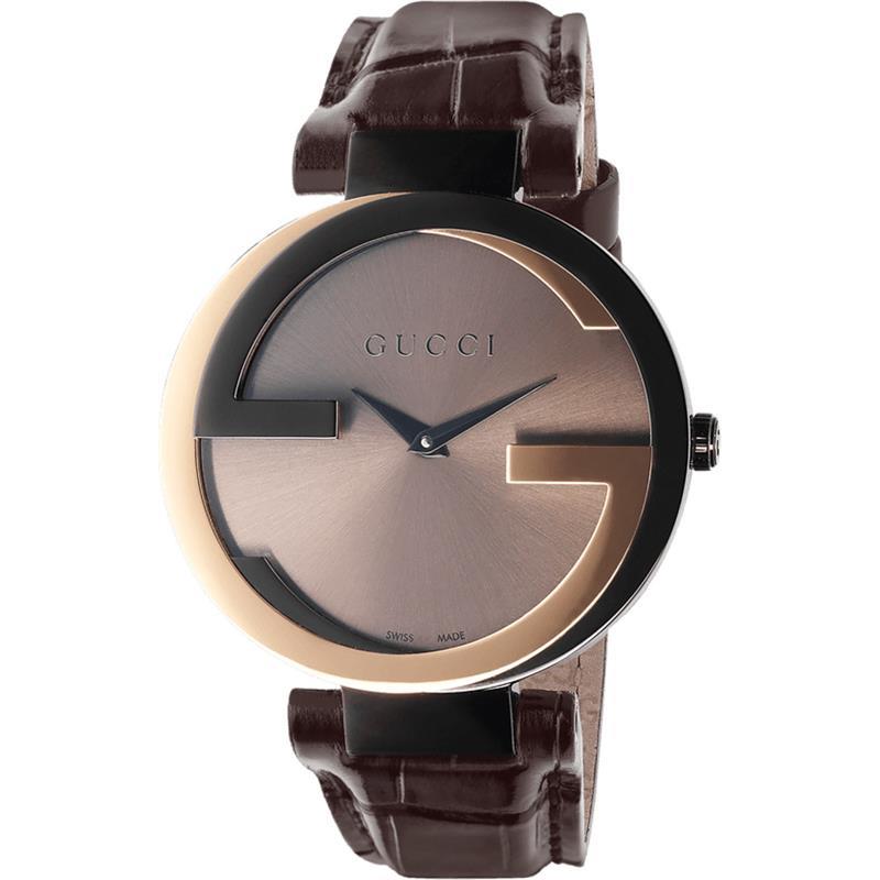 Gucci YA133304 Interlocking-G Schwarzes Zifferblattbraunes Leder Damen Uhr