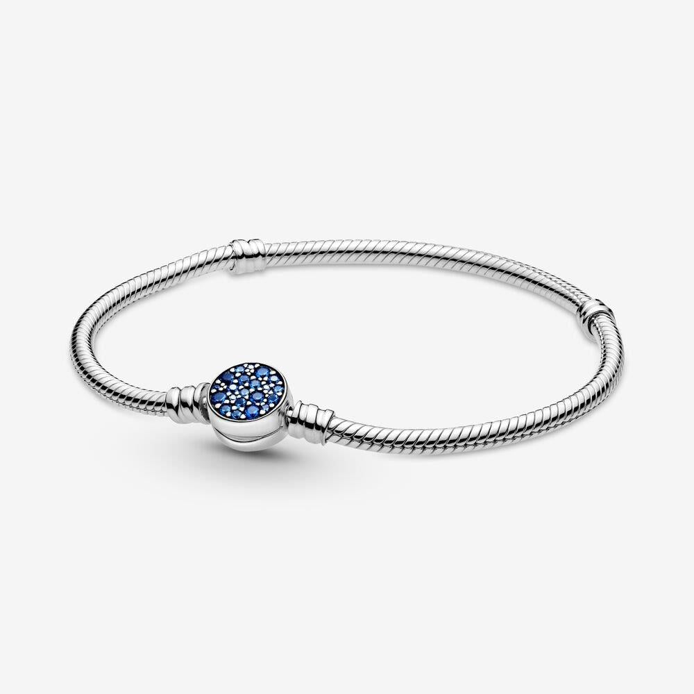 Pandora Moments Funkelndes Blau Scheibenverschluss Schlangenkette Armband 18 cm