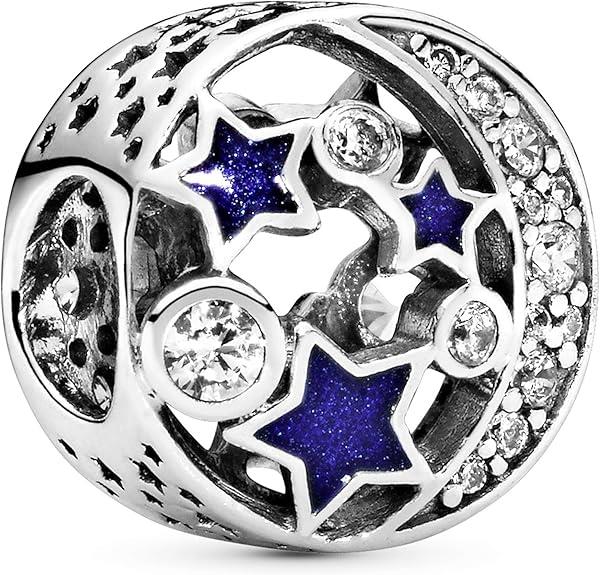 Moon and star silver charm with clear cubic zirconia and blue enamel