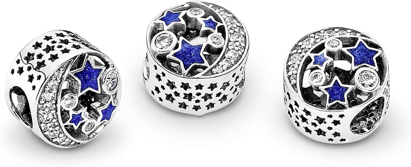 Moon and star silver charm with clear cubic zirconia and blue enamel