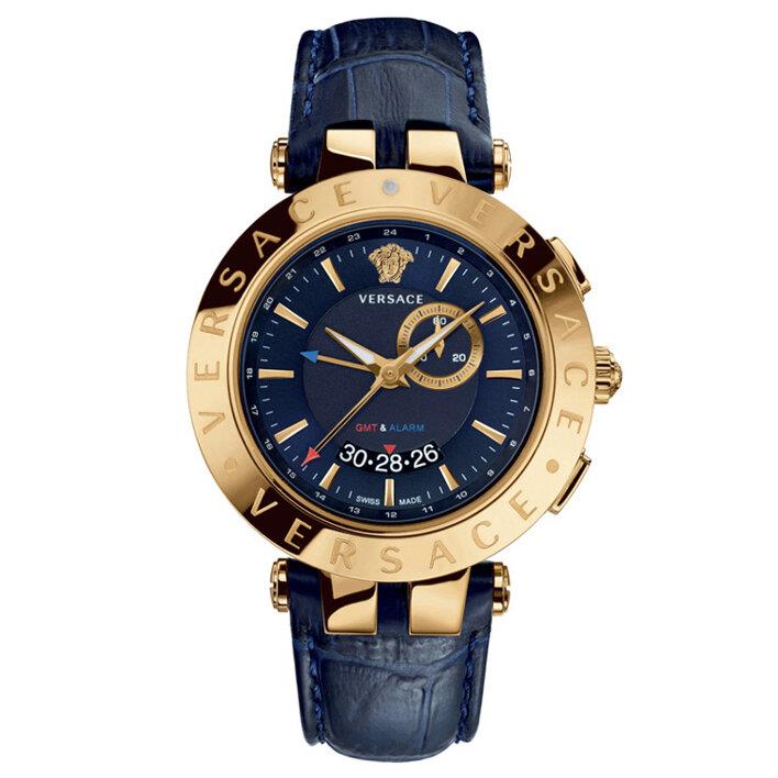 Versace 29G70D282S282 V-Race GMT Alarm Goldene Lünette Marine Zifferblatt Herren Uhr