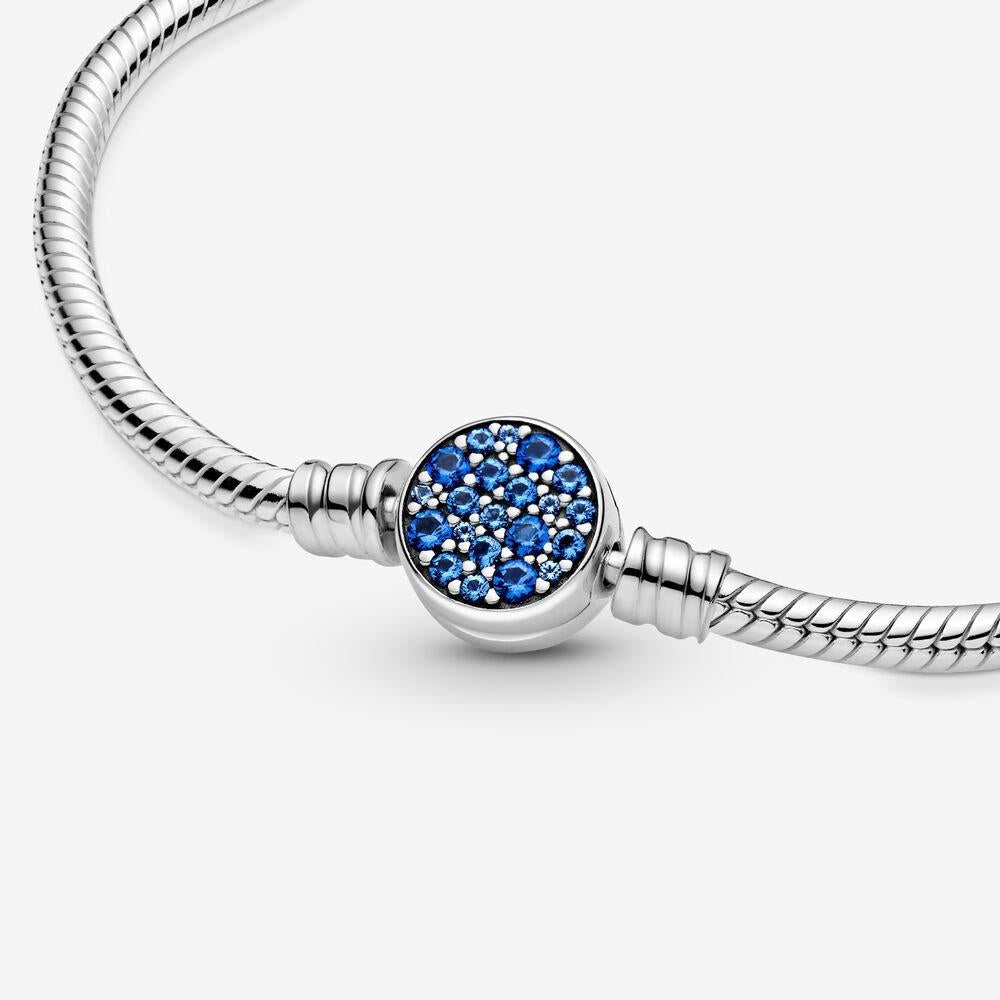 Pandora Moments Funkelndes Blau Scheibenverschluss Schlangenkette Armband 19 cm