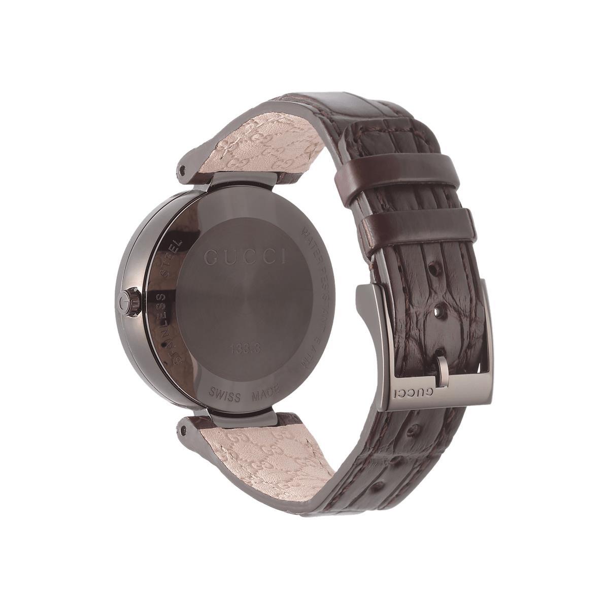 Gucci YA133304 Interlocking-G Schwarzes Zifferblattbraunes Leder Damen Uhr